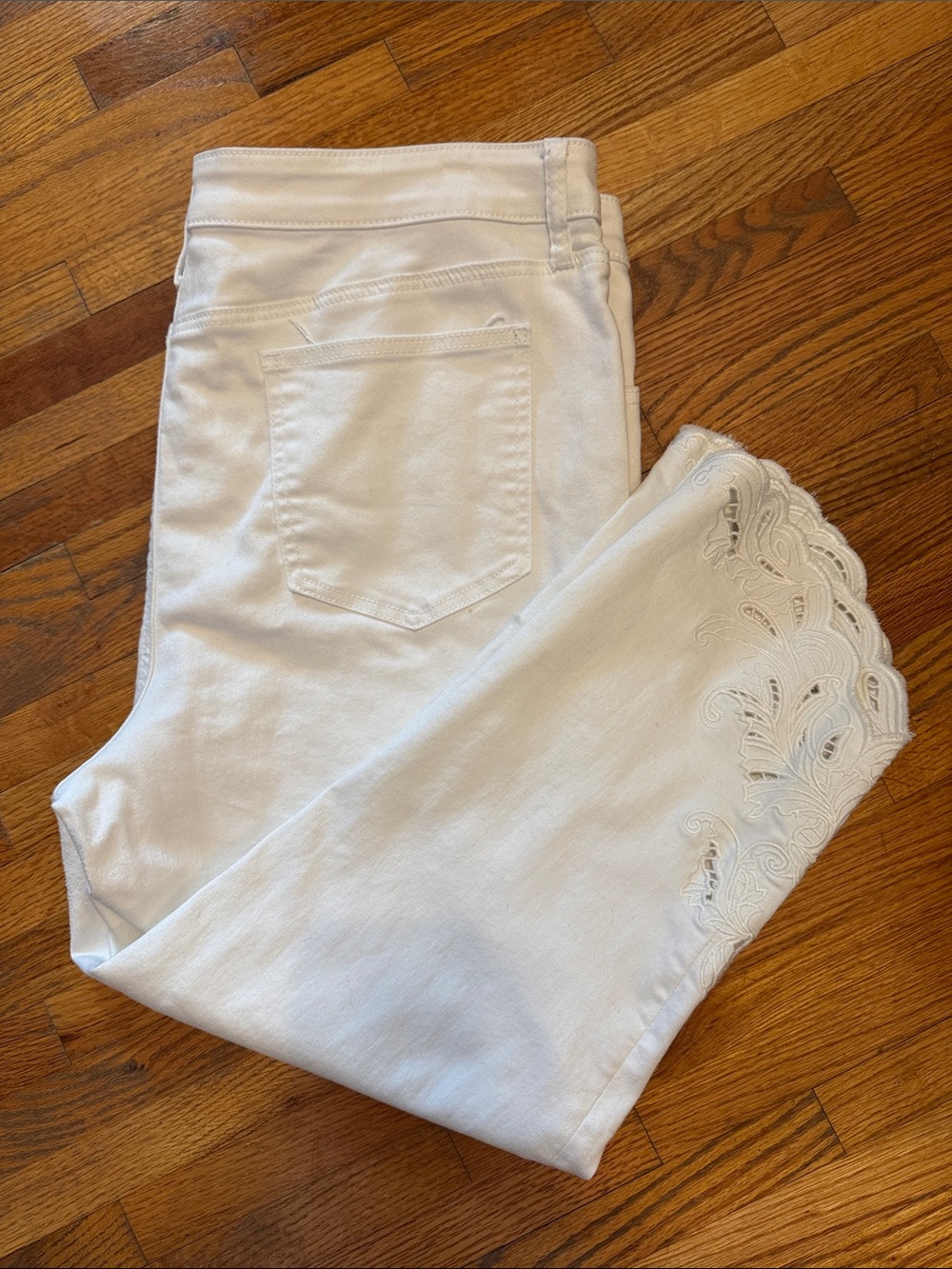 White Women's Jeans with Scalloped Lace Hem